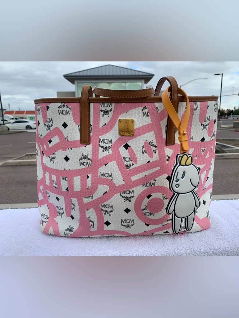 Mcm X Eddie Slang Visetos White Pink Reversible Shopper Tote Bag